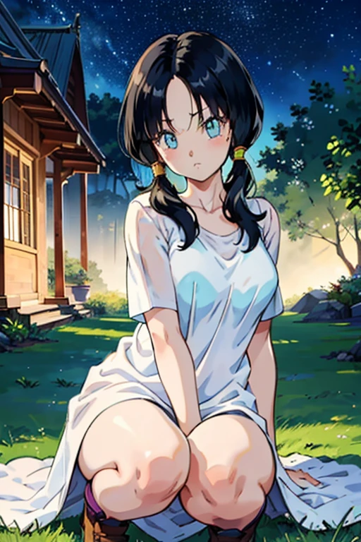 Realistic image, coherent image, detailed image, of a girl , he saw, in a nightgown. He has black hair, long hair.  Turquoise eyes with long eyelashes . sensual expression.  She has a curvaceous body ., medium breasts, muslos gruesos.  her legs are raised .  She is at night with a starry sky.  She is sitting on the grass .. front view. crouching, arching the back. dramatic shadows,pigtails,  atmospheric lighting,  natural lighting . YO ASI:100, F1.4,  --quality 2 ,