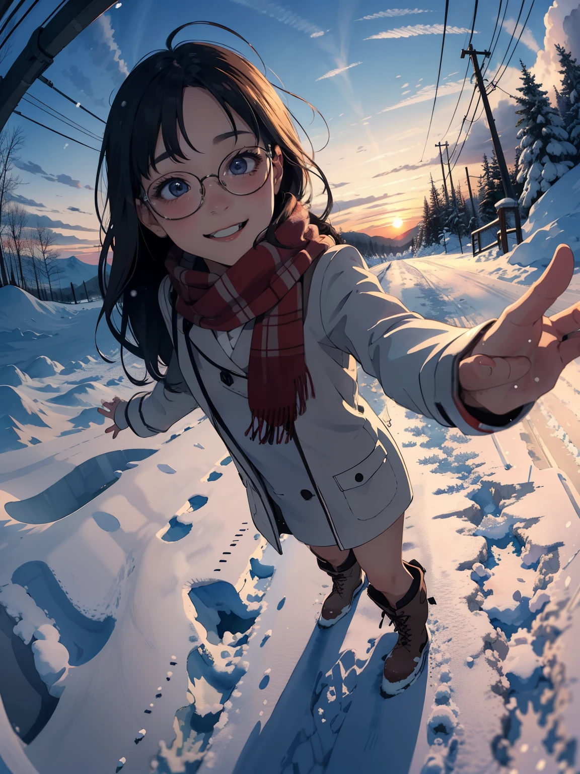 masterpiece，Best Quality， High image quality ，(Superflat,  Flat Shading )，Fisheye Lens，Beautiful petite trained young mother and very cute trained daughter:1.25， warm scarf， (naked)，Long Hair, Glasses，boots, smile, smile, White Breath，fun, play, winter, snow, 新snow，dusk，Beautiful sunset，Wide angle, Vibrant colors, watercolor, Ghibli style，Strong winds，girl&#39;lure，