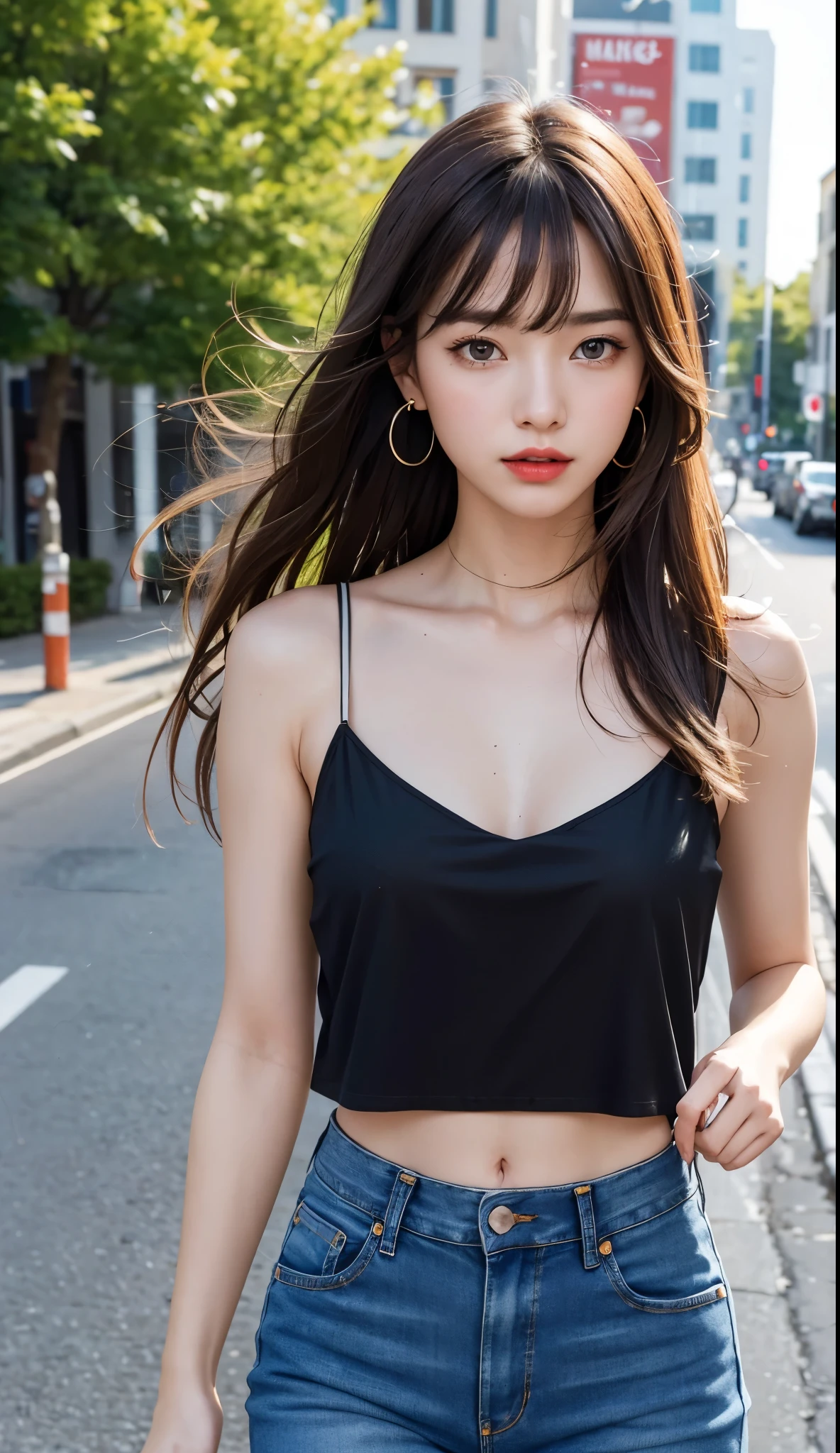 (((best quality))),(((ultra detailed))),(((masterpiece))),illustration,1girl,slim,sun-kissed skin,vibrant rose-pink cotton dress,short ponytail,flat chest,navel,pantyhose,standing, bustling city streets, honking cars,surrounded by crowded crowds, colorful advertisements,grilled skewers,enjoying sights and sounds,(dark black skin:1.5),day scene,upper body