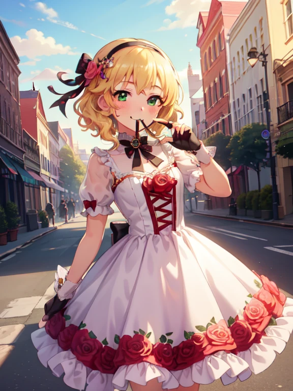 (masterpiece, Best Quality:1.2), figure, ( 1 girl,Alone), Looking at the viewer, Sunny Day, Shining sunlight, city
, short blonde hair, green eyes, hair, smile, , wavy hair, hairband, flower, hair ornament, bow,  jewelry , rose
, Pink Dress, frills, gloves 
,  and embarrassed 
,  fingers in the mouth