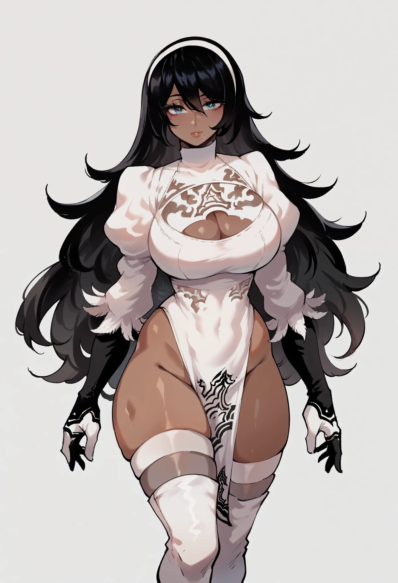 2p \(nier:automata\), 1girl, dark skin, dark-skinned female, huge breasts, massive breasts, busty breasts, black hair, long hair, mole under mouth, white hairband, blue eyes, white dress, cleavage cutout, pelvic curtain, white gloves,white dress, cleavage cutout, white leotard, white gloves,white thighhighs, white boots, long boots, high heels