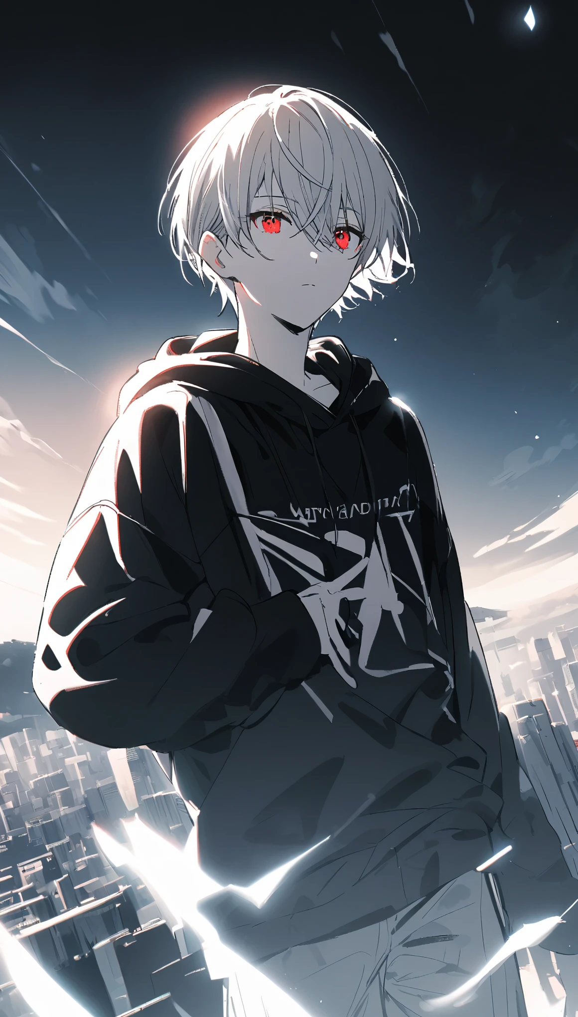 good looking, Alone, 1 male, Gray Hair, Red eyes, Long sleeve, Black hoodie, noon, White Light,cute目,Short hairstyle,cute,Falling from the sky,Black and white background,White and black colors,Monochrome scenery,bright,Looking at the camera,Making a peace sign,