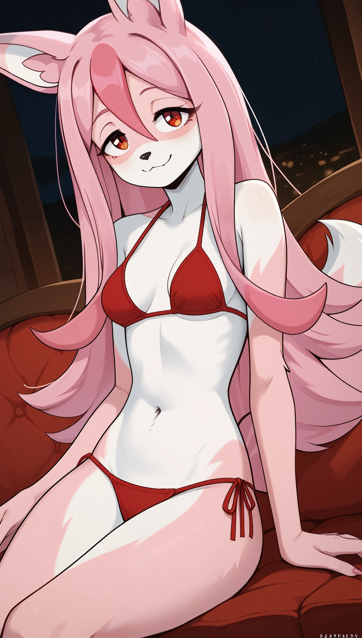 Cinematic lighting, seductive expression, 1girl, cute smile, anthro, furry, fur, fluffy fur, fox girl, nazuna hiwatashi, (young), pink and white fur color, two-tone fur, red eyes, long hair, pink hair (red bang), messy hair, (19-year-old girl), medium breast, thick thighs, solo, (bedroom), detailed, smug smile, red bikini, half-closed eyes, score_9, score_8_up, score_7_up, score_6_up, score_5_up, score_4_up