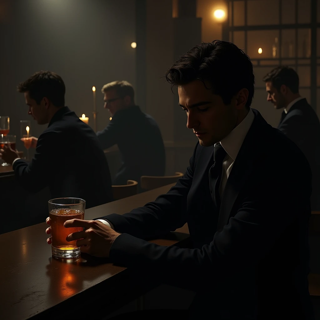 Thomas shelby without a hat inside a bar with his friends dark photo: realistic epic, soft cinematic portrait, adobe lightroom, photographic lab, highly detailed, faded, art by greg rutkowski and artgerm ,neutral colors: 1,2), (hdr: 1,4) , (soft colors:1.2), hyperdetailed, (artstation:1.4), cinematic, warm lights, dramatic light, (intricate details:1.1), complex background, (rutkowski:0.66), (blue and orange:0.4)