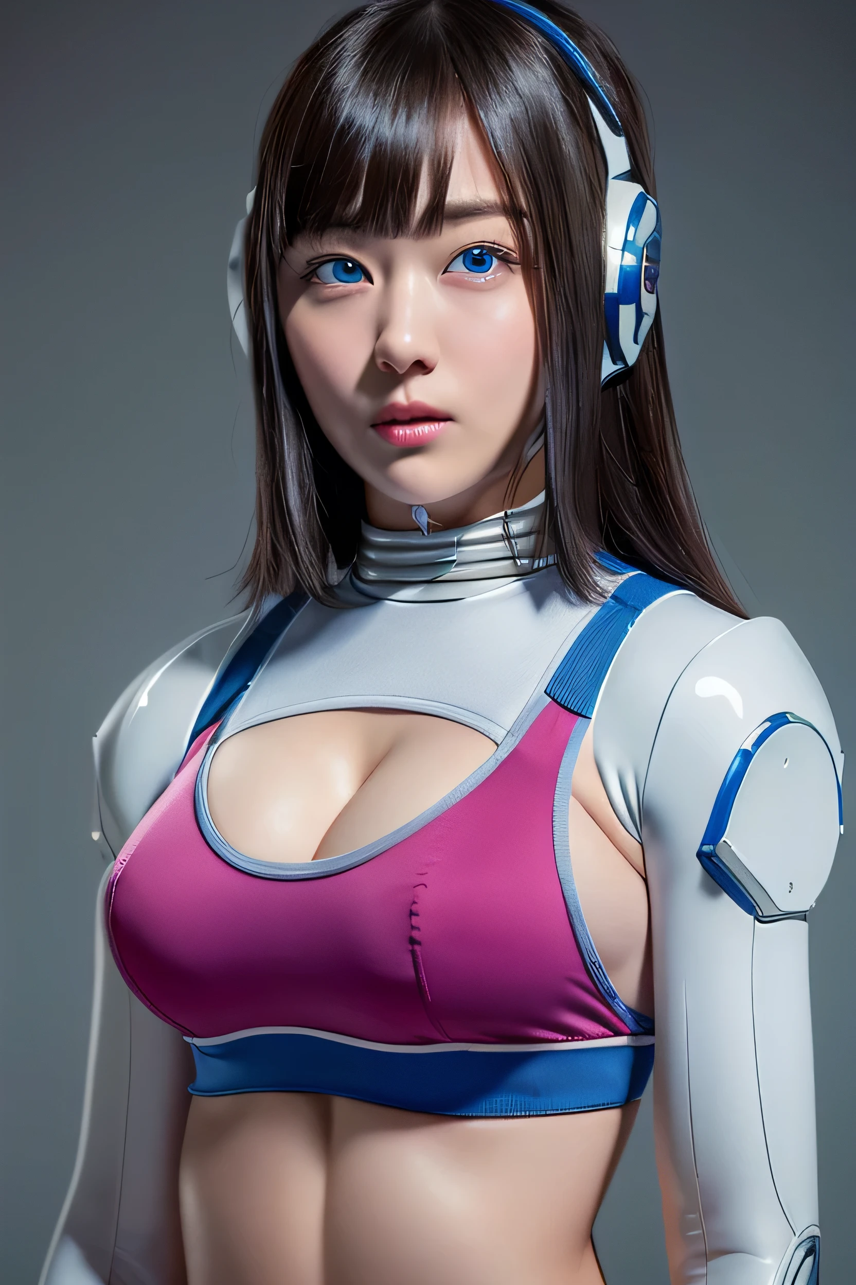 masterpiece, best quality, extreme detailed, portrait,Japanese Android girl,Plump ,Control panel,robot arms,robot,Android,cyborg,white robot body,Ceramic body,perfect robotgirl,Blunt bangs,robot repair plant,Chubby,sports wear,training wear,sports bra,blue eyes,