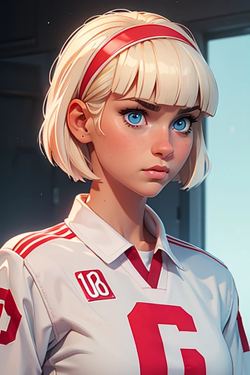 Robyn Starling,
light blonde, wavy short hair, blunt bangs,red hairband,
face,big detailed blue eyes,snub nose,slim light pink lips,
petite,short,thin,skinny,0 fat body,
masterpiece,best quality,HDR, 
dressing an oversized white and red hockey jersey,
