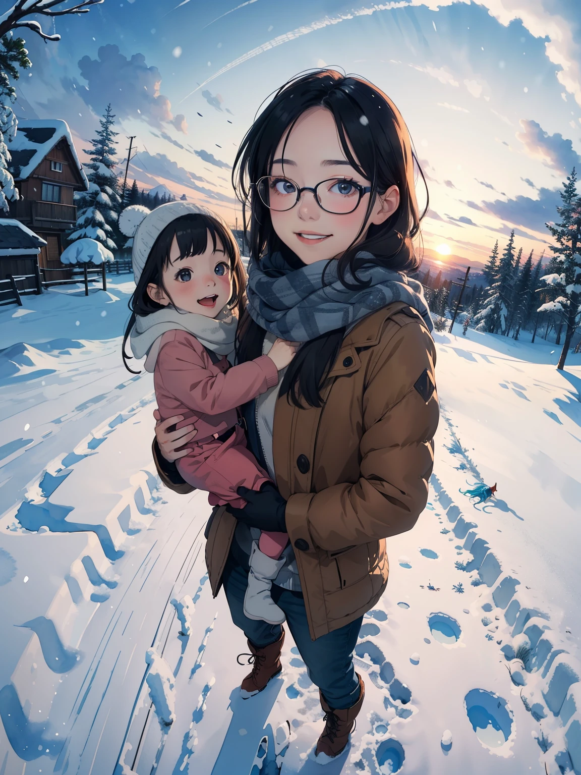 Masterpiece，Best Quality， High image quality ，(Superflat,  Flat Shading )，Fisheye Lens，Beautiful petite trained young mother and very cute trained daughter:1.25， warm scarf， (naked)，Long Hair, Glasses，boots, smile, smile, White Breath，fun, play, winter, snow, 新snow，dusk，Beautiful sunset，Wide angle, Vibrant colors, watercolor, Ghibli style，Strong winds，Girl&#39;s Temptation，