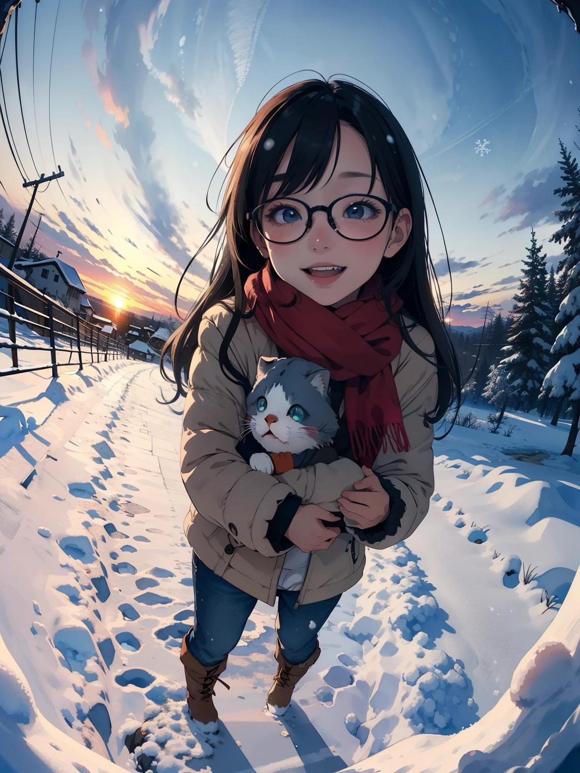 Masterpiece，Best Quality， High image quality ，(Superflat,  Flat Shading )，Fisheye Lens，Beautiful petite trained young mother and very cute trained daughter:1.25， warm scarf， (naked)，Long Hair, Glasses，boots, smile, smile, White Breath，fun, play, winter, snow, 新snow，dusk，Beautiful sunset，Wide angle, Vibrant colors, watercolor, Ghibli style，Strong winds，Girl&#39;s Temptation，