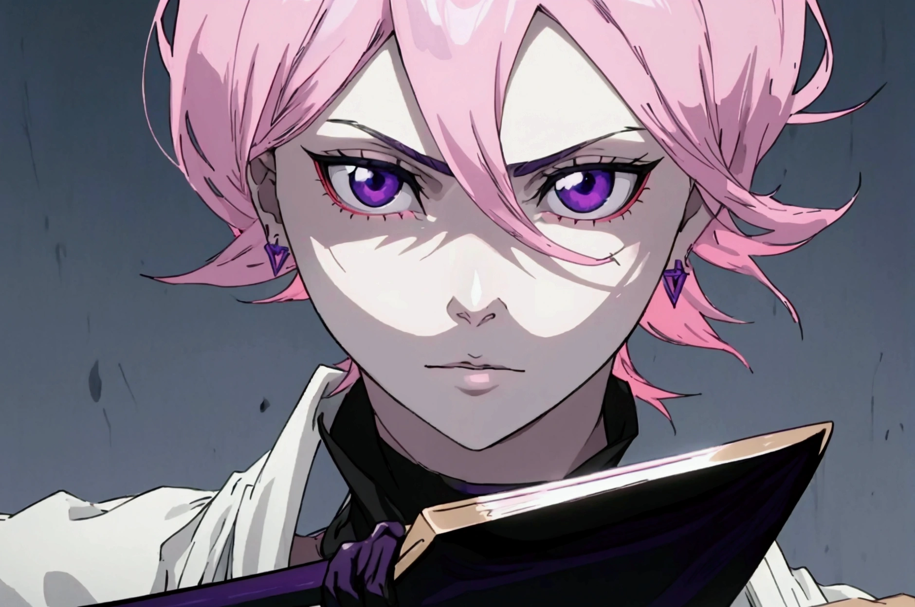 1girl, Short hair, Light pink hair, Blue purple eyes, pale skin color, Detailed eyes, black earrings, black gloves. Close-up, focused on face, holding his Zanpakuto, black and white. 