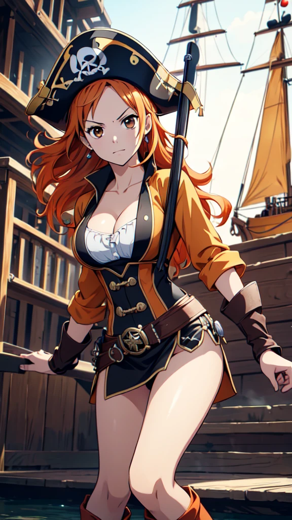 pirate, torn blouse, medium breasts, brown leather pants, toned body, orange hair, curly wet hair, waist length hair, confident smirk, pirate ship, tentacles reaching for her body, tentacles wrapped around her legs, night time, lanterns lighting the area