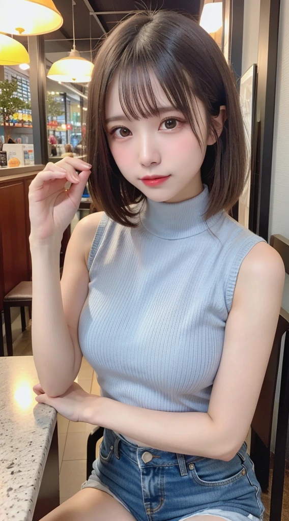 pieces fly、masterpiece、highest quality、Super detailed、High resolution、High resolution、8K portrait、unity 8k wallpaper、Detailed CG、unity 8k wallpaper、Detailed CGユニティ8kの壁紙、realistic、real person、portrait photography、shiny skin、（20-year-old:1.2）、(cute:1.2)、High resolution、beautiful clear eyes、very detailed explanation、delicate face、cute face、nice lips、thin waist、thin legs、(small face:1.4)、1 girl、(Shopping mall:1.2)、((flat chest:1.8))、(Sleeveless turtleneck knit:1.6)、(pleated skirt:1.3)、(Braless nipples:1.8)、(big smile:1.3)、(stop temporarily:1.2)、(small breasts:1.8)、(eight-headed body:1.6)