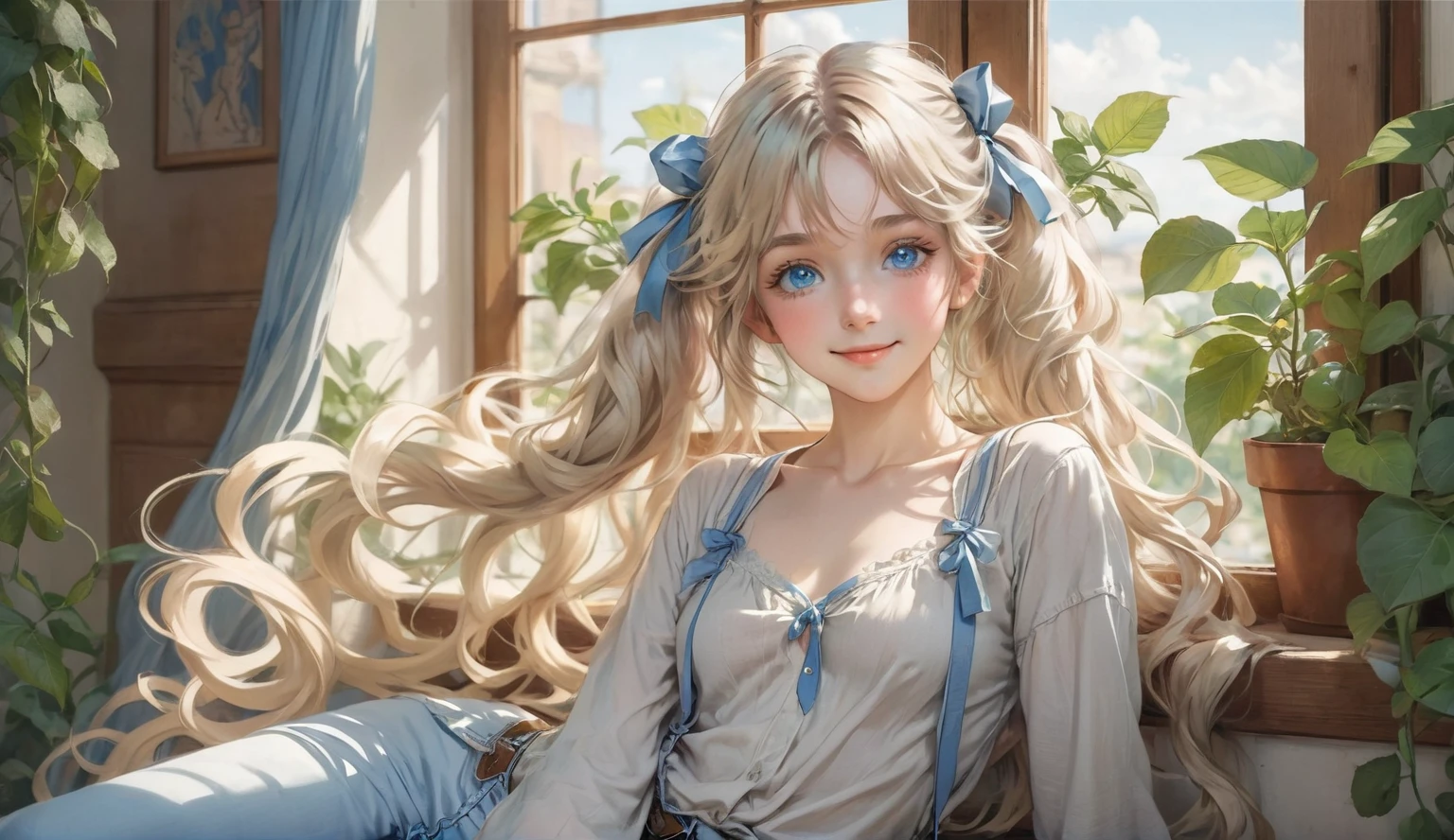 1 girl, age 16, Wearing cotton panties, perfect face, petite and skinny, small breasts, blue eyes, light blonde hair, long curly hair, messy hair, twin tails, shy smile, ribbons, realistic, (cowboy shot), indoors, soft lighting, plants in background, window with sunlight, cozy room, relaxed pose, realistic, intricate details, warm colors, by Greg Rutkowski, by Alphonse Mucha Real image, hard nipples, seductive,