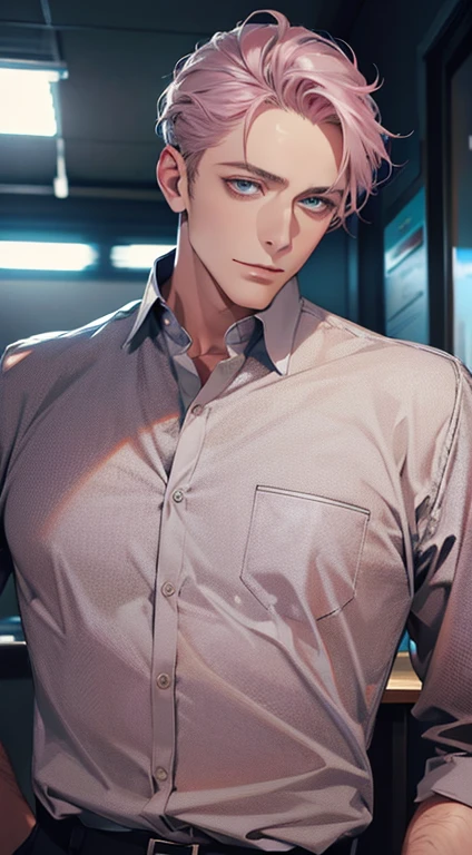(best quality,4k,8k,highres,masterpiece:1.2),ultra-detailed,(realistic,photorealistic,photo-realistic:1.37),1 man,31 years old,mature man,very handsome,without expression,smile,short grey white hair,blue eyes,penetrating gaze,perfect face without errors,imposing posture,businessman,office background,cinematic lighting,hdr image