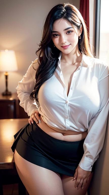 Sit on floor, gigantic droopy tits, very oiled skin, silk blouse