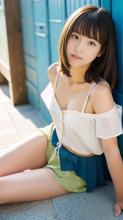 Japanese、14 year old beautiful girl,sitting on the bench, leaning forward,short wavy hair,( gaped bikini:1.3), ( shift down bikini:1.3), (size mismatch bikini:1.3),(small breasts), (nipples), in the park