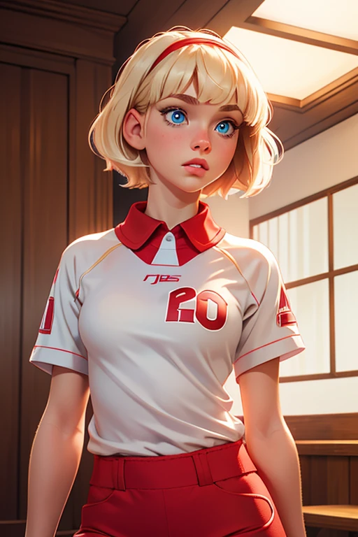 Robyn Starling,
light blonde, wavy short hair, blunt bangs,red hairband,
babyface,big detailed blue eyes, snub nose, slim light pink lips,
petite,short,thin,skinny,0 fat body,
masterpiece,best quality,HDR, 
dressing an oversized white and red hockey jersey,
