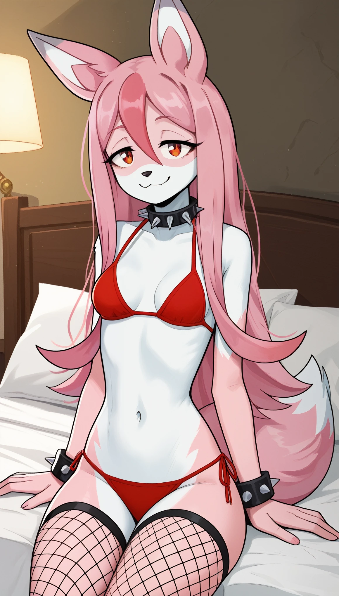 Cinematic lighting, seductive expression, 1girl, cute smile, anthro, furry, fur, fluffy fur, fox girl, nazuna hiwatashi, (young), pink and white fur color, two-tone fur, red eyes, long hair, pink hair (red bang), messy hair, (19-year-old girl), medium breast, thick thighs, solo, (bedroom), detailed, smug smile, red bikini, half-closed eyes, sitting on her bed, spiked wristband, spiked choker, fishnet armwear, fishnet stockings, score_9, score_8_up, score_7_up, score_6_up, score_5_up, score_4_up