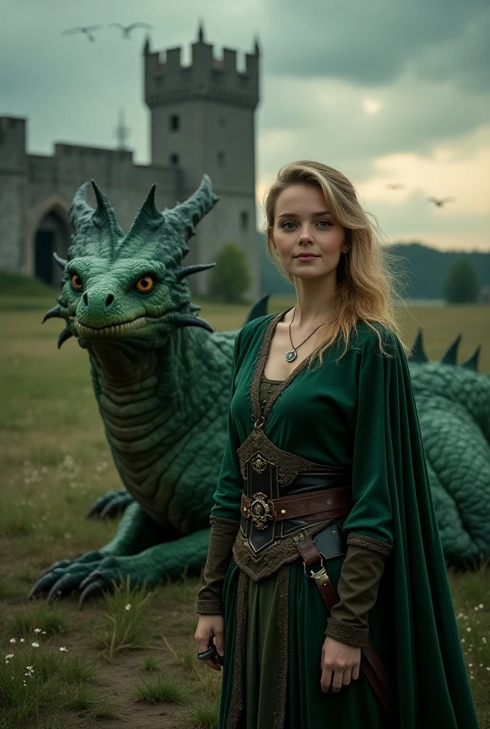 Das Bild zeigt eine Frau und einen Drachen, Lara Bauer is a 22-year-old woman, (she stands next to a mighty green dragon:1.5), (der Drache liegt auf dem Boden vor einer Burgruine), she wears medieval fantasy clothing, kriegerische Pose, ein Schwert in der Hand, der Darche und sie schauen geradeaus, the scene is dark, Birds and other kites fly in the sky, She has beautiful shoulder-length blonde hair, (gelbbraune blonde Haare), (blonde kleine Augenbrauen), bright grey-green eyes with great details, glattes haar, (eckiges Gesicht: 1.3), (langes Gesicht: 1.4), pretty face, (Best quality:1.4), (Ultra Highres:1.2), (fotorealistisch:1.4), (8k, RAW-Foto:1.2), lebendige Farben, bunt, hell, bokeh, Frühlingsfarben, Happy, smiling, (hole body: 1.7), Foto aus der Ferne, (Distanzschuss: 1.8), the dragon has big claws, die Schwingen sind nach hinten angelegt, die Augen leuchtend gelb