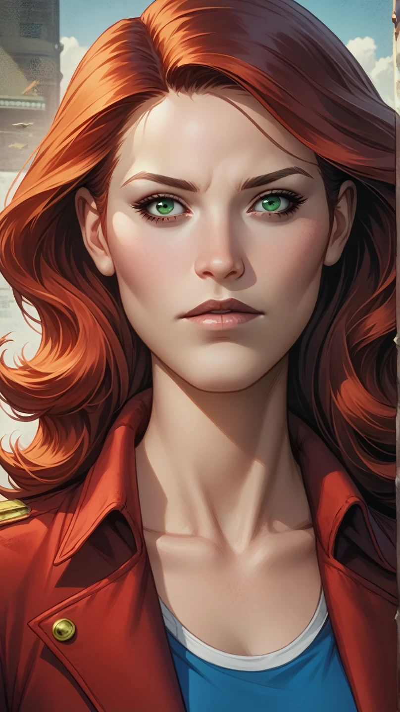 futuristic anime female girl with red hair and blue clothing, a close up of a woman with red hair and green eyes, steven artgerm lau, extremely detailed artgerm, stanley artgerm lau, lois van baarle and rossdraws, artgerm and lois van baarle, artgerm lau, style artgerm, graphic artist artgerm, stare