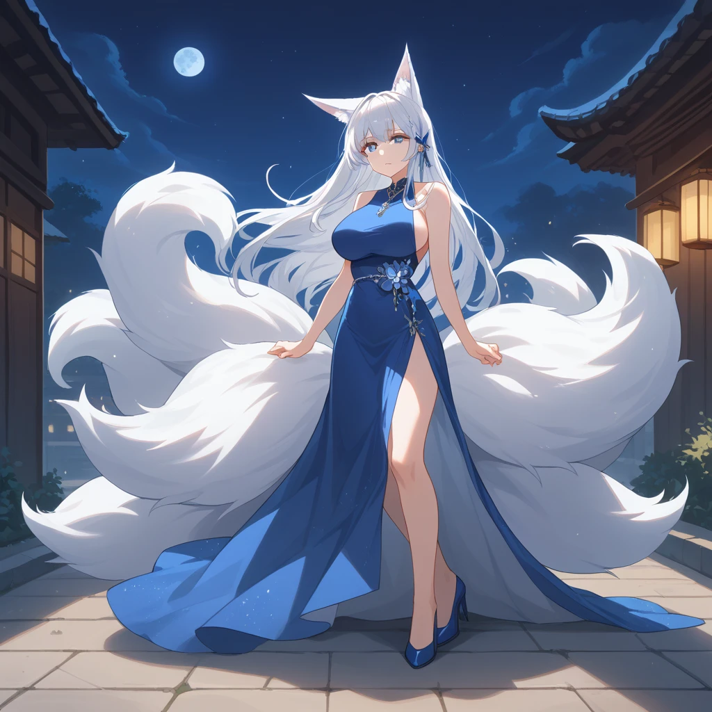 beautiful white neko, long white neko ears, white neko tail, anime style, purple eye, blue eye, big breasts, extremely detailed eyes and face, Wearing White and Black Open Shoulders Kimono, white long hair, heterochromia, wide waist, mature woman, black small beauty mark under right eye, full body