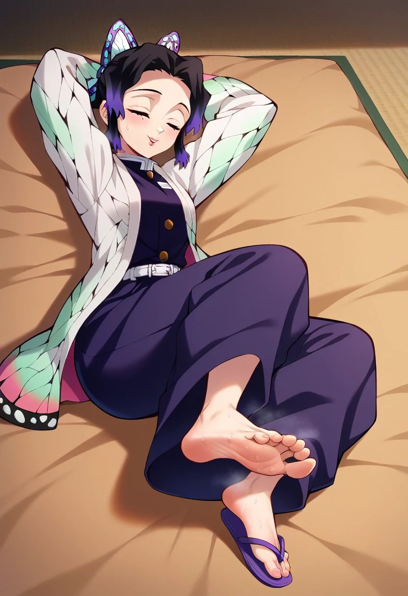 (Caucasian ethnicity) masterpiece, 4k, High quality, shinobu\(Kimetsu no yaiba\), Dressed in baggy purple pants, big pants, beautiful pants, At home, sleeping, sleep with the smell of your feet, He sleeps in his bed on his back, legs and arms open, spread out on the bed, lying down, very tender and cute, fainted, sweating, sniffing her flip flop, Enjoying-their-mom-s-stinky-feet-and-flip-flops-black flops,  obsessed with her cute cuddly beautiful kwais and sweaty feet, stinky sweaty flip flops and shiny black flip flops , flip flops on her nose , Smelling their flip flops