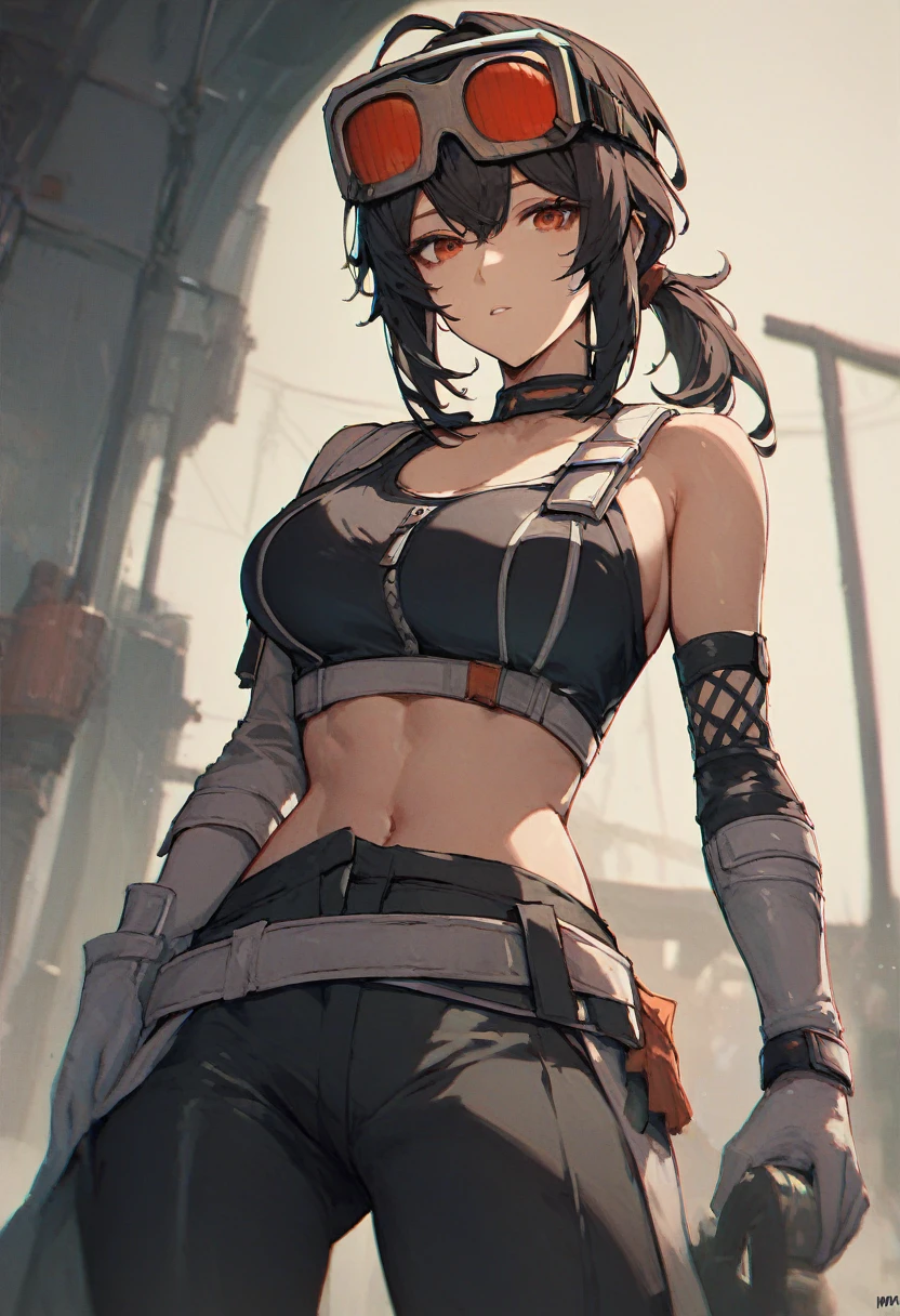 score_9, score_8, score_8_up, janedoehd-ponyxl, 1girl, black choker, black gloves, white gloves, black pants, black sports bra, elbow gloves, goggles on head, looking at viewer, low ponytail, medium breasts, parted lips, white gloves, zipper, belt