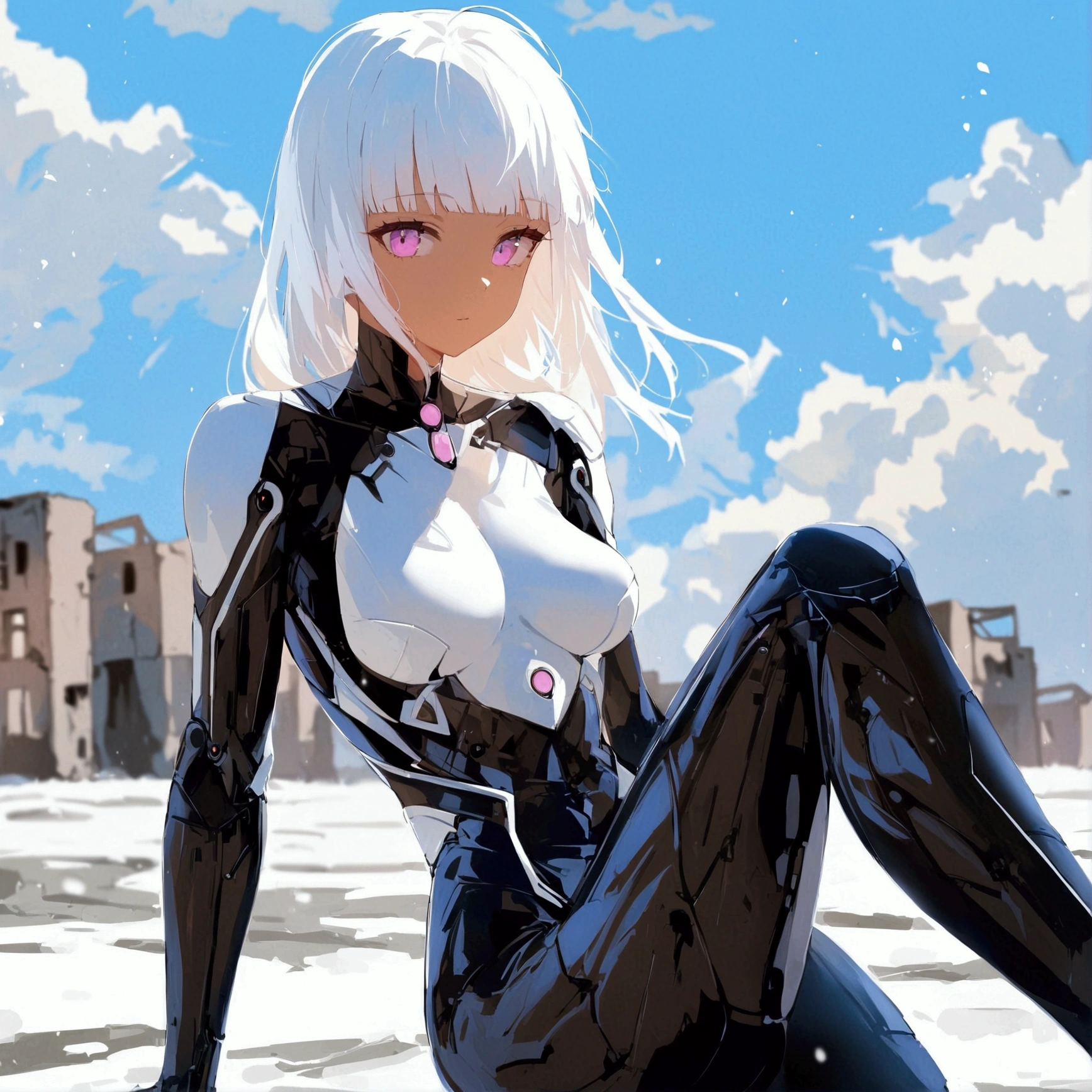 Anime girl, Anime-style female android, full-body view. Her lower legs (shins) and forearms have a sleek, clean, and high-tech robotic appearance, while the rest of her body looks like a normal human, pretty sexy, teenage appearance. She is wearing a tight, sensual black bodysuit. Her skin is smooth, white, and flawless. She has extremely long, straight, snow-white hair reaching her knees, with a soft fringe covering her forehead. Her eyelashes are also white. Her eyes glow with vibrant pink irises. Her physique is athletic and graceful, with a slim waist, big breasts toned thighs, feminine arms, and shoulders. Sensual girl. The setting is an abandoned city, during the day, under a clear blue sky. She is floating in the air, creating a calm yet futuristic atmosphere, flat 2D art style, artistic.