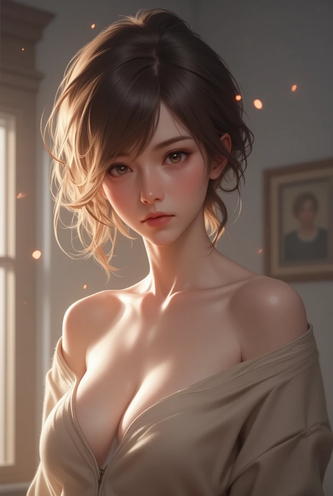 (masterpiece, best quality, realistic, photorealistic, HDR), mature female, solo, upper body, straight-on, looking at viewer, embarrassed, full-face blush, parted lips, indoors, window, light rays, light particles, hair over shoulder, sweater, v-neck, off shoulder, sexually suggestive
