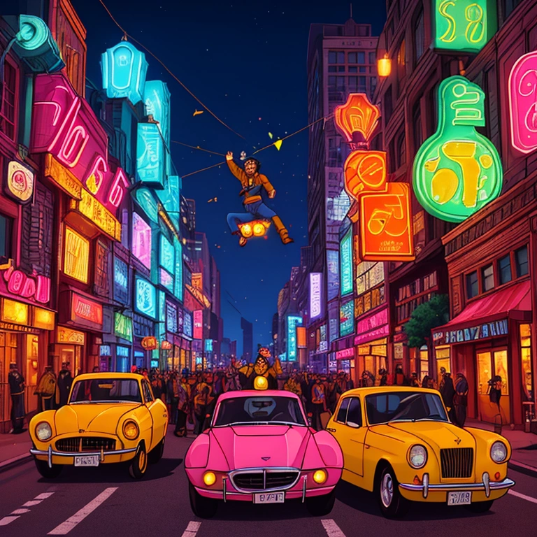 Depict a group of male gangsters joyfully throwing money in the air while driving a classic car in a vibrant color. The scene is set in downtown, with tall buildings and bright neon lights illuminating the night, creating an atmosphere of excitement and rebellion, with bills fluttering around them