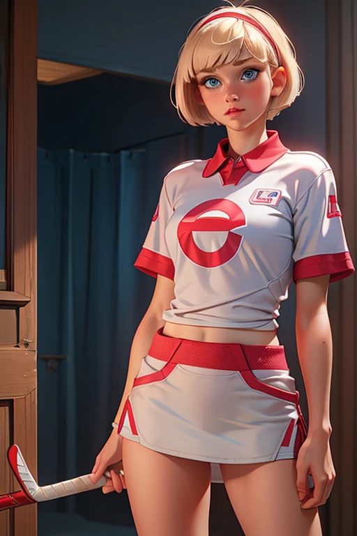 Robyn Starling,
light blonde, wavy short hair, blunt bangs,red hairband,
babyface,big detailed blue eyes, snub nose, slim light pink lips,
petite,short,thin,skinny,0 fat body,
masterpiece,best quality,HDR, 
dressing an oversized white and red hockey jersey,full body shoot,
