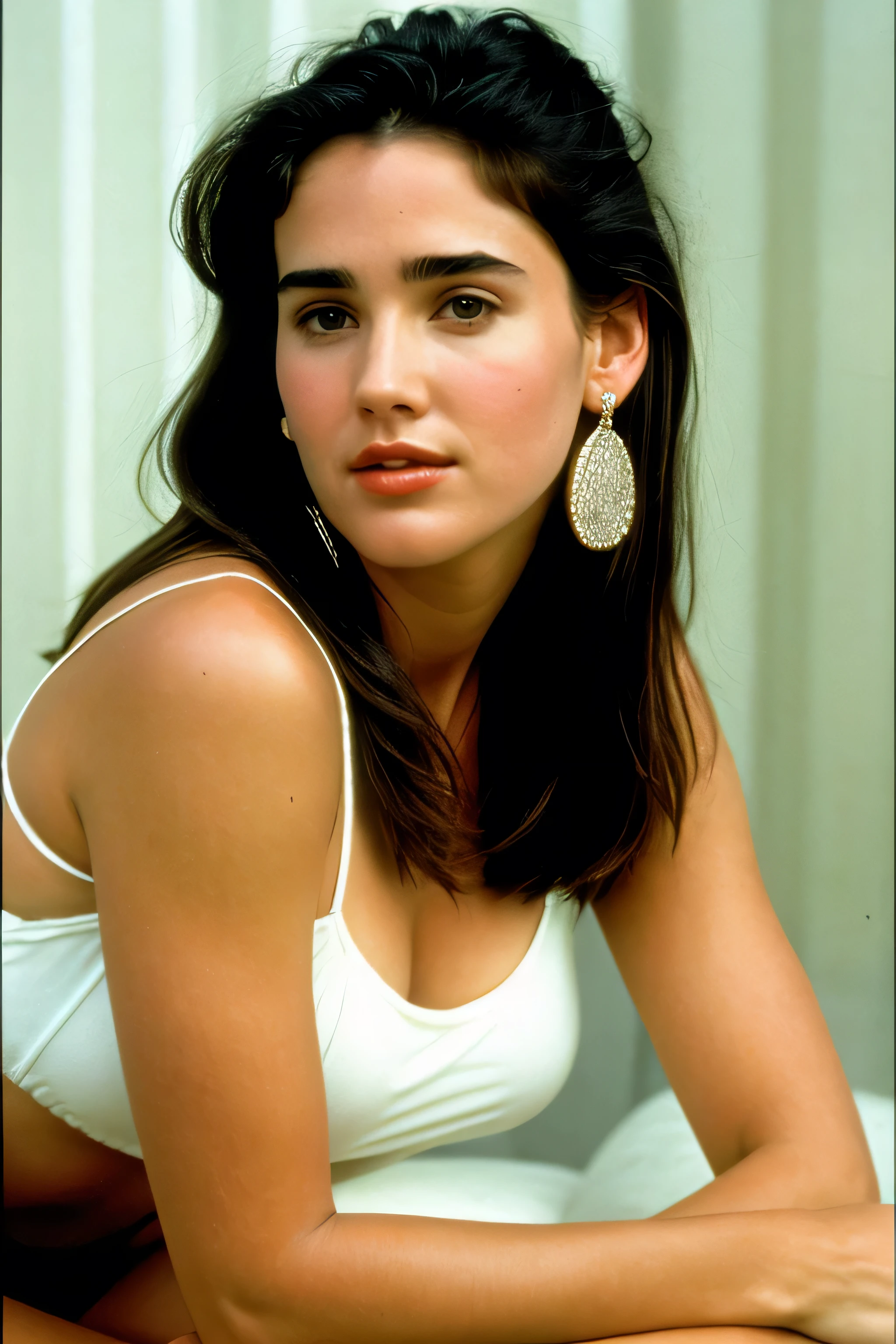 19 years old Jennifer Connelly as Sarah in the movie Labyrinth, tits exposed, hd nipples, detailed skin, medio cuerpo, XF IQ4, 150 megapixels, 50mm, ISO 1000, 1/250s, Luz natural, Adobe Lightroom, photography laboratory, foto de afinidad, FotoDirector 365
