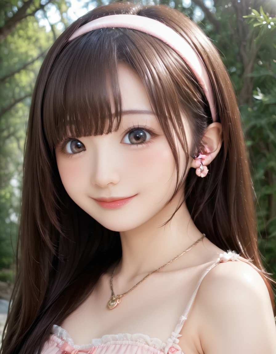 high resolution, best quality, extremely detailed CG, perfect anatomy, perfect hands, high resolution, best quality, extremely detailed CG, perfect anatomy, perfect hands, 1girl, solo, long hair, brown hair, looking at viewer, brown eyes, smile, blush, bangs, closed mouth, face, 20 years old, Japanese, dress, forest, 3d, photorealistic, realistic, portrait, photo \(medium\), ((detailed shapely nose, detailed big eyes, detailed brown hair)), pink lips, headband, earrings, necklace, 