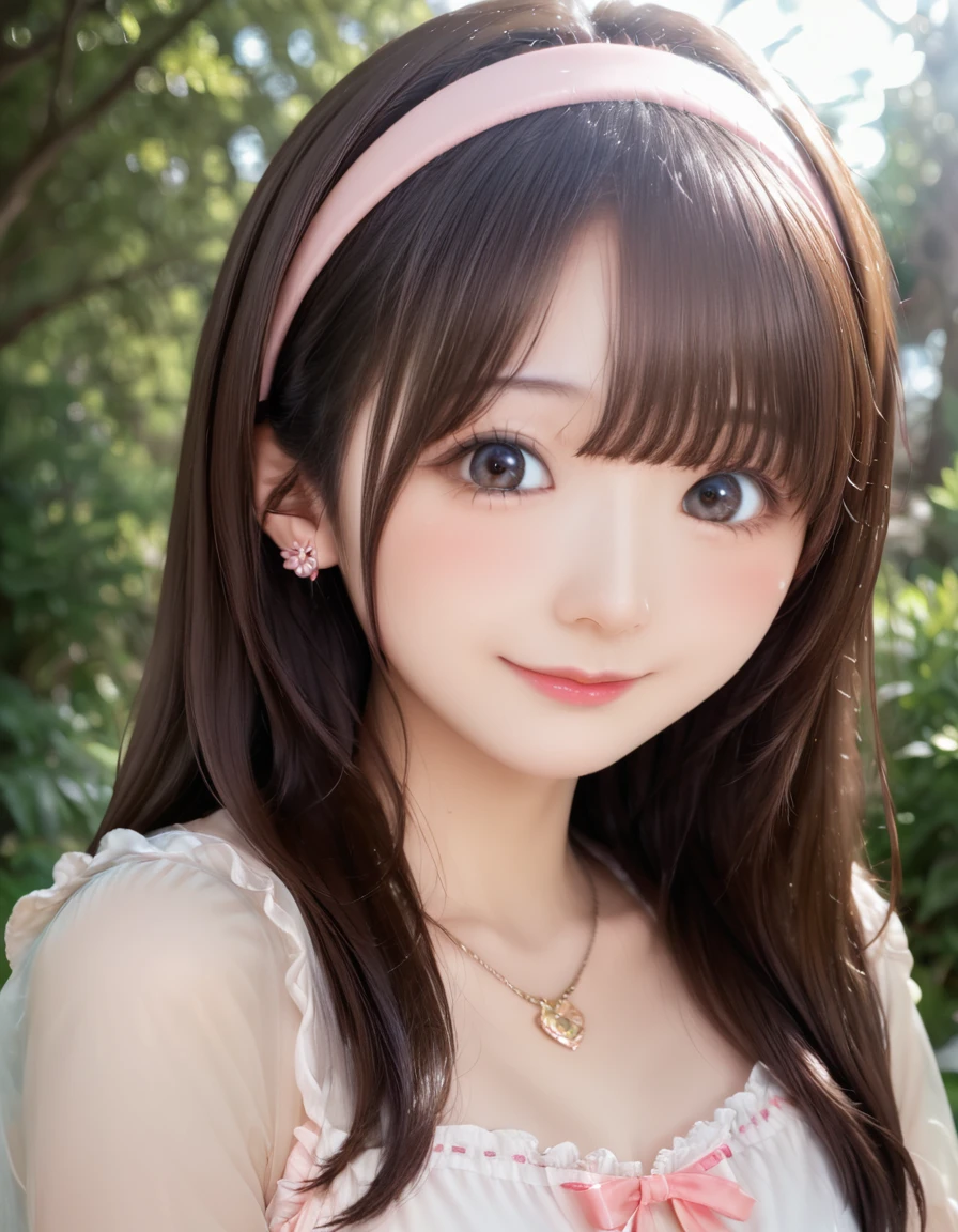 high resolution, best quality, extremely detailed CG, perfect anatomy, perfect hands, high resolution, best quality, extremely detailed CG, perfect anatomy, perfect hands, 1girl, solo, long hair, brown hair, looking at viewer, brown eyes, smile, blush, bangs, closed mouth, face, 20 years old, Japanese, dress, forest, 3d, photorealistic, realistic, portrait, photo \(medium\), ((detailed shapely nose, detailed big eyes, detailed brown hair)), pink lips, headband, earrings, necklace, 