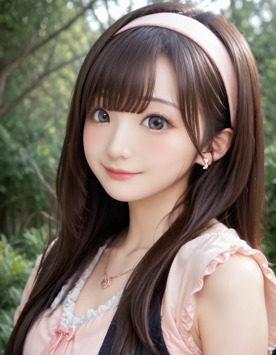 high resolution, best quality, extremely detailed CG, perfect anatomy, perfect hands, high resolution, best quality, extremely detailed CG, perfect anatomy, perfect hands, 1girl, solo, long hair, brown hair, looking at viewer, brown eyes, smile, blush, bangs, closed mouth, face, 20 years old, Japanese, dress, forest, 3d, photorealistic, realistic, portrait, photo \(medium\), ((detailed shapely nose, detailed big eyes, detailed brown hair)), pink lips, headband, earrings, necklace, 