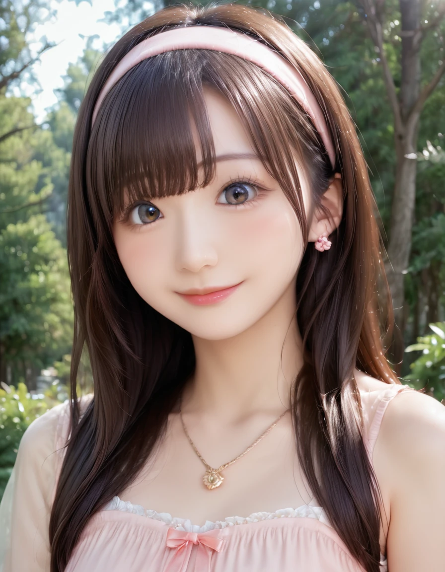 high resolution, best quality, extremely detailed CG, perfect anatomy, perfect hands, high resolution, best quality, extremely detailed CG, perfect anatomy, perfect hands, 1girl, solo, long hair, brown hair, looking at viewer, brown eyes, smile, blush, bangs, closed mouth, face, 20 years old, Japanese, dress, forest, 3d, photorealistic, realistic, portrait, photo \(medium\), ((detailed shapely nose, detailed big eyes, detailed brown hair)), pink lips, headband, earrings, necklace, 