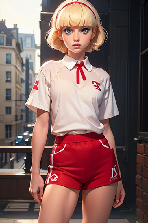 Robyn Starling,
light blonde, wavy short hair, blunt bangs,red hairband,
babyface,big detailed blue eyes, snub nose, slim light pink lips,
petite,short,thin,skinny,0 fat body,
masterpiece,best quality,HDR, 
dressing an oversized white and red hockey jersey,full body shoot,
