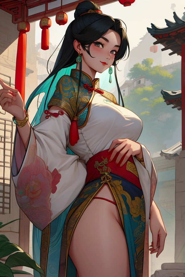 masterpiece, 1 girl, ((topless)), underboobs, intricately detailed, huge nipples, puffy nipples, navel, bare shoulders, short brown hair, men on the background, pond, extremely detailed, game, bare stomach, sweaty, moist breath, collarbones, sweaty, embarassed, smiling, aqua eyes, red hakama, bead necklace, holding paintbrush, body graffiti, cleavage, arm strap, sideboobs, hakama, shrine maiden, japanese shrine, scenery, full body, tied on waist, navel