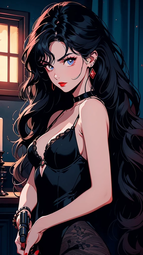 a mysterious woman with dark, wavy hair and piercing eyes stands in the shadows of a dimly lit room. She is holding a small revolver with a delicate yet firm grip. Her red lipstick is the only color that stands out in the darkness, her intentions unclear but dangerous, 