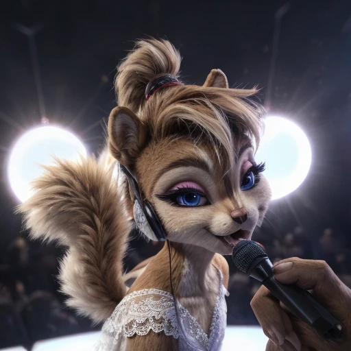 Brittany_Miller, One, chipmunk, fluffy, , feminine,young , fur trim , 3d Model,slim body,   sexy body ,  eyeliner ,  Painted eyes ,   expressive first-person eyelashes ,light erotica, Model, concert, with a headset and a mini microphone on the body ,    small round chest  ,  tail sticks out    , fluffy,    full white background   (a little plump:0.3), Cute, (small ears), (short muzzle),    long slanting bangs   ,   long fluffy hair on the back of the head in a bun,   tousled hair,grey-blue eyes , eyes closed ,  beautiful goaz lace intimate dress  ,   lace provocative outfit   ,   eyebrow up right  ,detailed fur,   easy to use  , Joy,expressive eyes,eye makeup ,  eyeliner , sorrel face  ,  perfect bite   ,   realistic mouth ,thin lips 