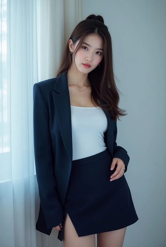 a 20 year old actress is the most beautiful woman in the world, her face is the prettiest, blazer is worn with shirt on her upper body, her vagina between opened legs, two pairs of labia under a clitoris, her pubic hair, ideal size of woman's breasts, she is sitting on a couch, nsfw, best quality, highly detailed, masterpiece, ultra high res, photo realistic, 8k