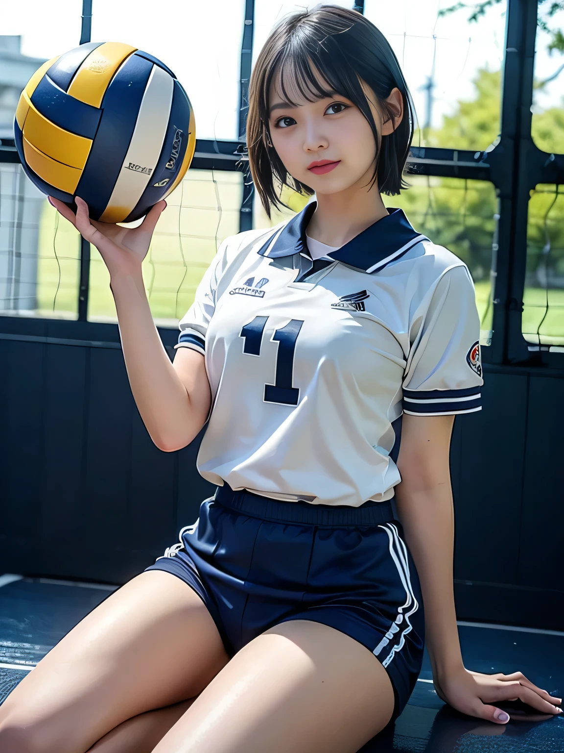 shiny thighs 、(8k、top-quality、masterpiece:1.2)、(Realistic、 photorealistic :1.37)、 ultra detailed art 、top-quality、Super A high resolution、 Professionally Illuminated 、 photon mapping 、Radio City、 physically-based rendering 、Cinema Lighting、 depth of field,Focus,Sunshine,good composition,,(((1 girl ))),Double Eyes、(((White volleyball uniform 、Dark blue high leg low rise bloomers)))、Gym、Big smile、Gym Court, (tween model, girl, young)), Graceful , slim, Very beautiful short hair,Colossal 、 tight abs, shortcut to hold a contraceptive、Soft light, (( David Hamilton style )),