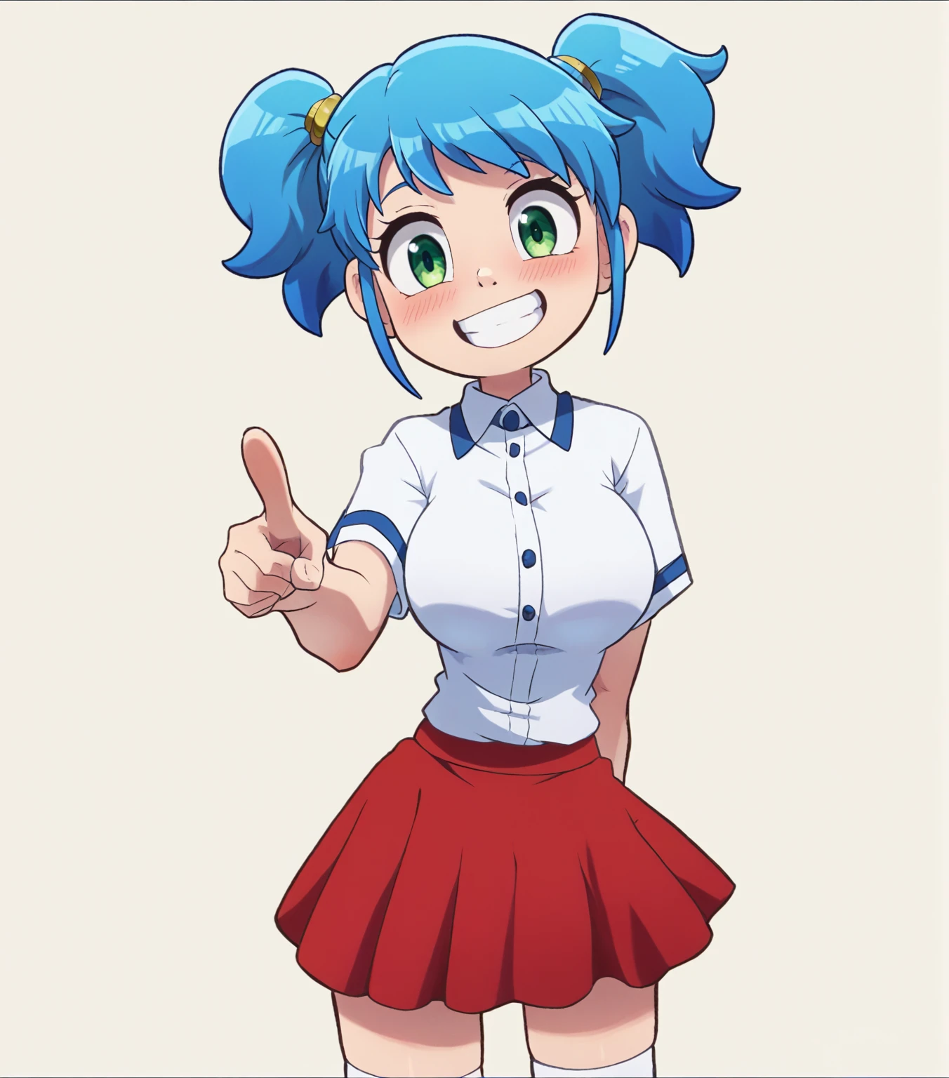 score_9, score_8_up, score_7_up, source_anime, best quality, clear face,shool skinny Nami-girl, bright blue hair, green eyes, medium hair, large breasts, perfect body, standing,smile cute ,watered eyes, china d, indoor, w,blushing,embrassed,cute boob, p,mini red skirt,plain white shirt,pointing with hand at side,kyah,cute,Short Twintails,extremely short skirt,white socks,dimple design,