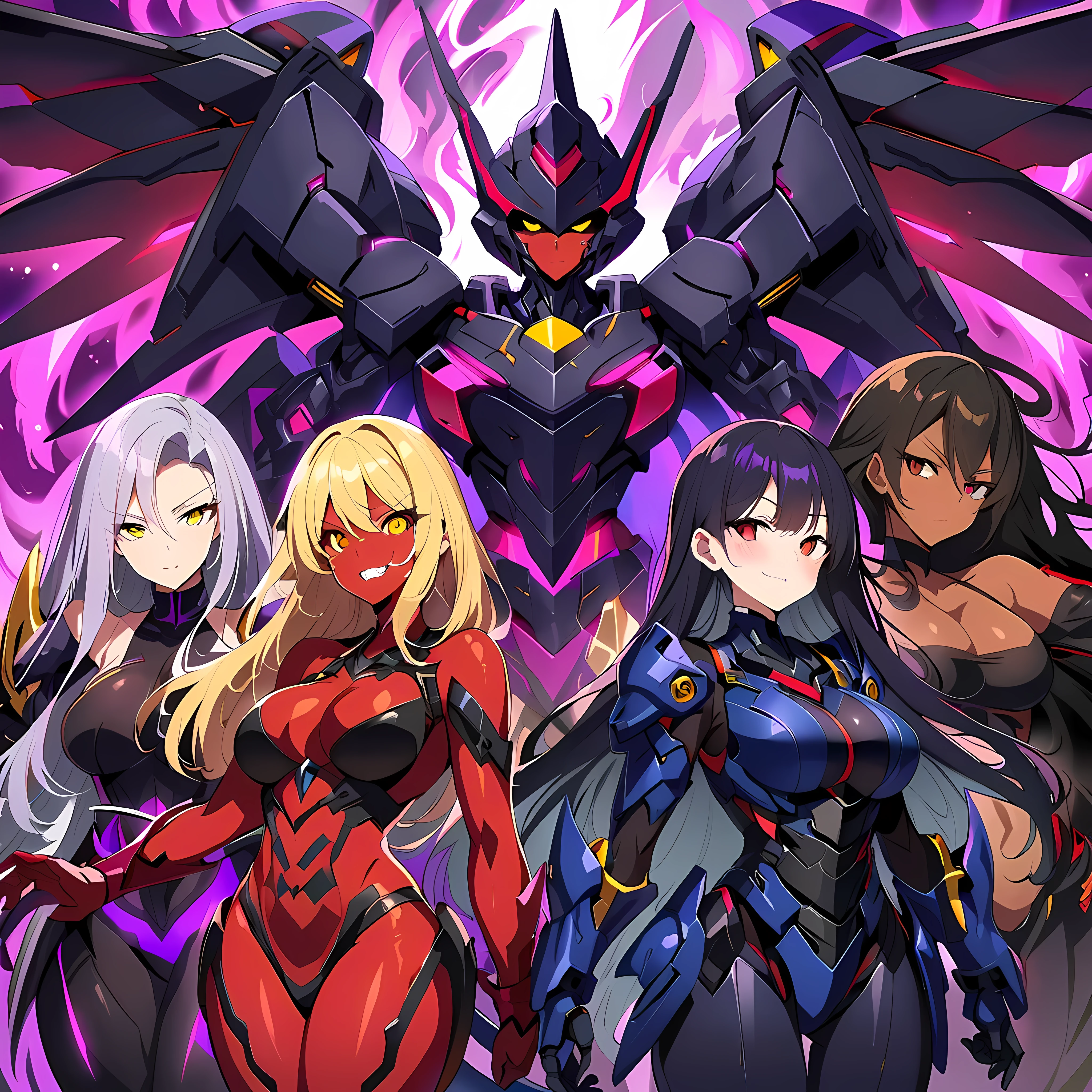 Anime, high detailed, multiple womans, mature womans, dark Ebony mecha armor, large mechanical wings, evil grin, large clawed Gauntlet, red skin, curvy body, long mechanical tail,black sclera、Colored sclera、crimson Colored skin、Yellow Eyes, elongated pupils, Mature Woman、Black-purple aura、womans surrounding