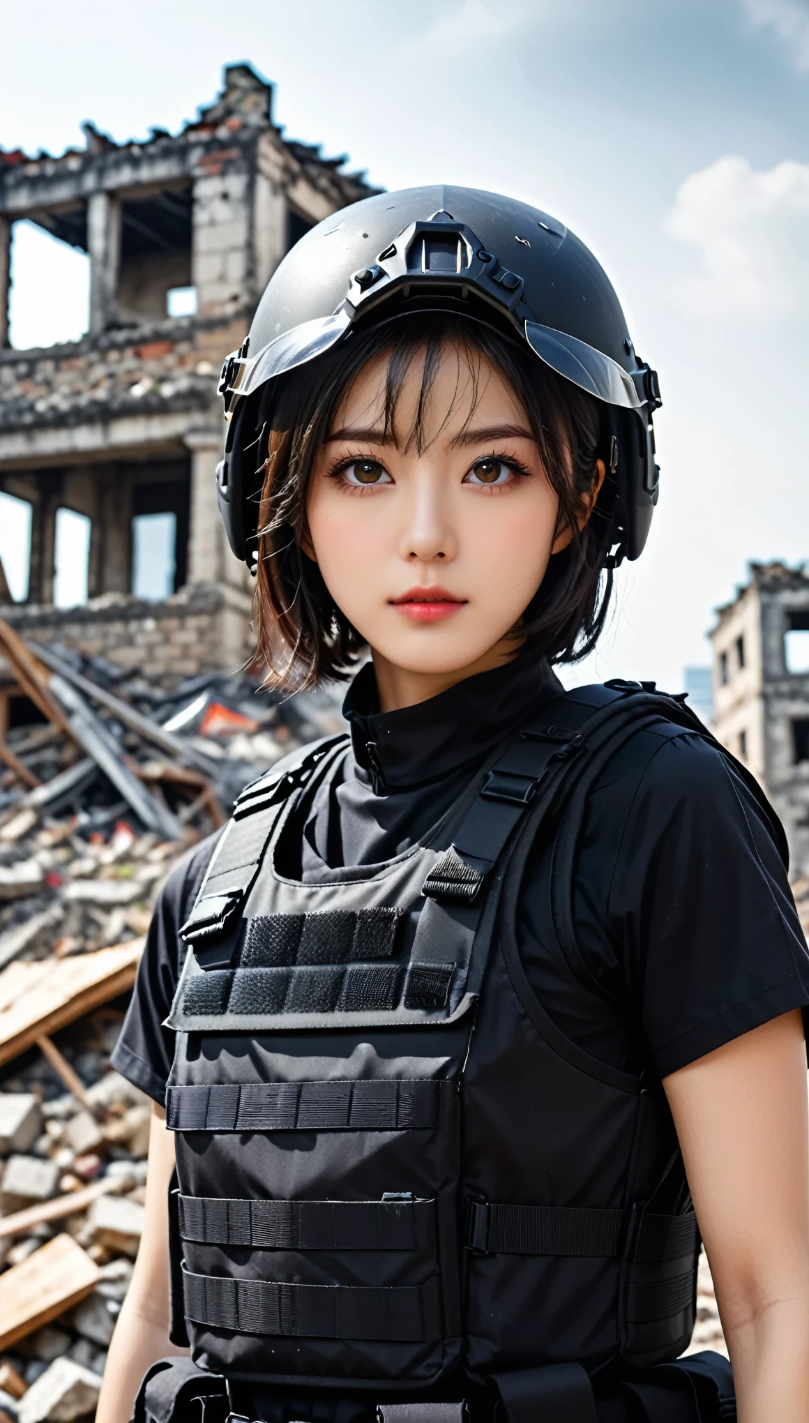 ((masterpiece)),((highest quality)),((High resolution)),((Very detailed)),Female,25 years old,Woman,Japanese,Dark hair,Short bob,Beautiful eyes,Long eyelashes, Beautiful hair, beautiful skin, serious, BREAK (((pointed gun))), handgun, SWAT Uniforms,black bulletproof vest combat boots, black tactical Forster, tactical helmet, (the background is the rubble of the ruins), (( (Background blur)))