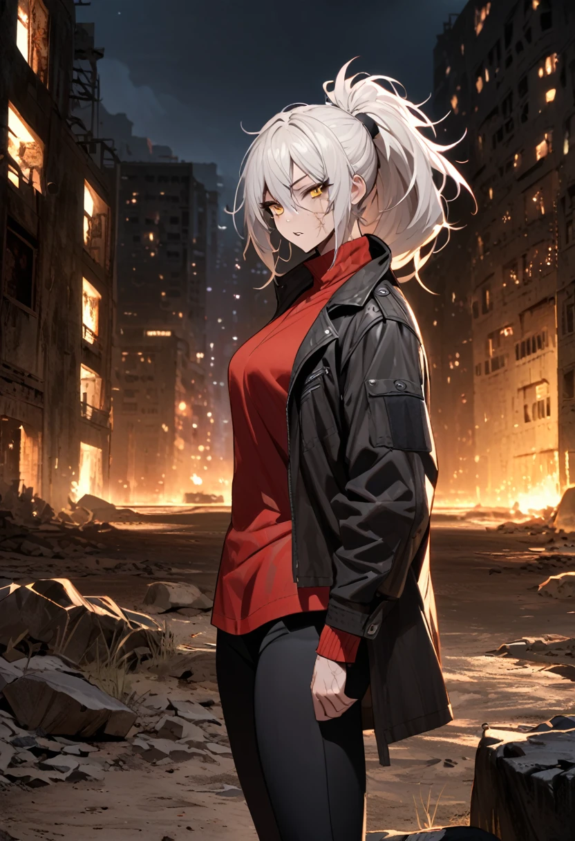 mature, golden eyes, looking at viewer, female, outskirts background, messy hair, very long white hair that reaches to her thighs, ponytail, parted lips, hair between eyes, standing, scar across eye, clear skin, slim, fit, from the side, night, missing right arm, abandoned city, tactical black pants, red shirt, black torn coat, scars on face