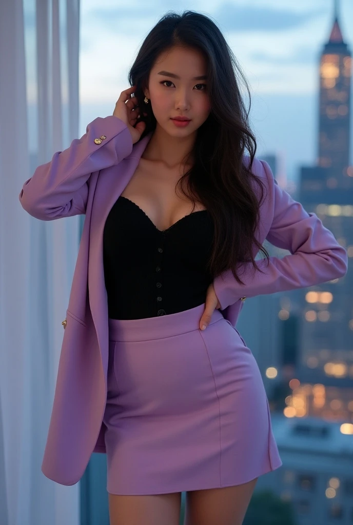 (Light Purple Blazer、Business Blouse)、(Light purple long skirt:1.3)、(Full Body Portrait)、(silk pantyhose)、Sitting、(Both legs and high heels look beautiful.)、1 girl、Perfect body,(Two well-balanced legs)、 Perfect hands, Perfect Face, Perfect Eyes, Accurate,((Perfect Anatomy, Anatomically correct)), Perfectly clear and sharp focus、Large Breasts、Modern architecture at night on the background、Professional Lighting、((Highest quality、Ultra-high resolution、masterpiece))