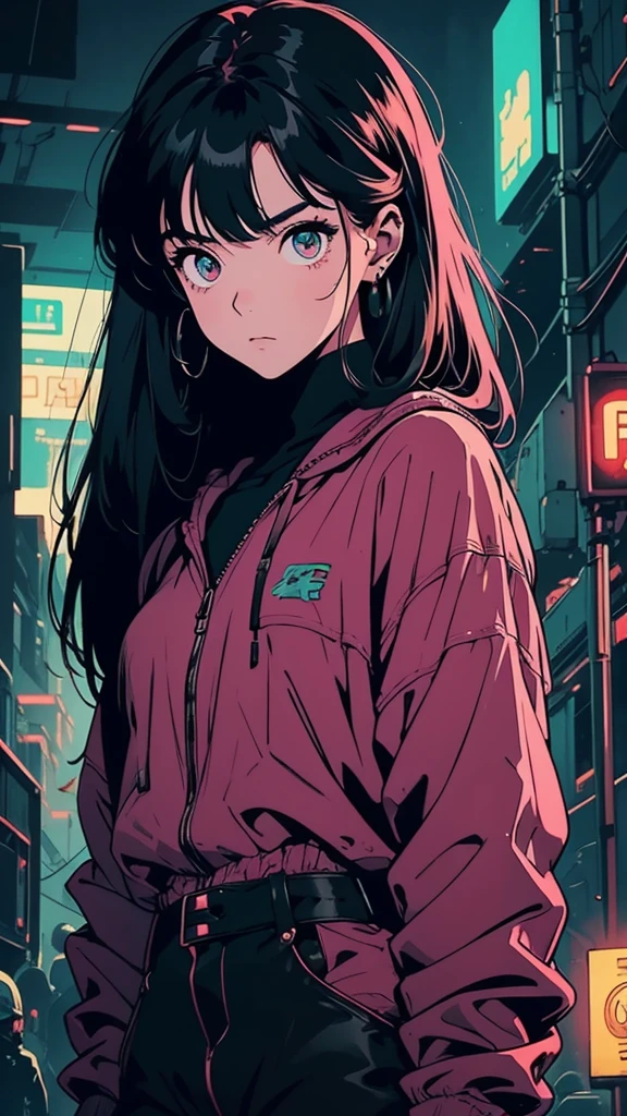 anime,cyberpunk, A young girl with large, apprehensive eyes stands amidst a cacophony of disembodied, bloodshot eyes. Render this in a gritty, expressionistic style, emphasizing jarring color contrasts and impasto brushstrokes. Employ a worm's-eye view to enhance the feeling of being watched. The girl's face and the surrounding eyes should be the focal points, illuminated by an unseen, sickly green light source. The background recedes into an indiscernible darkness.