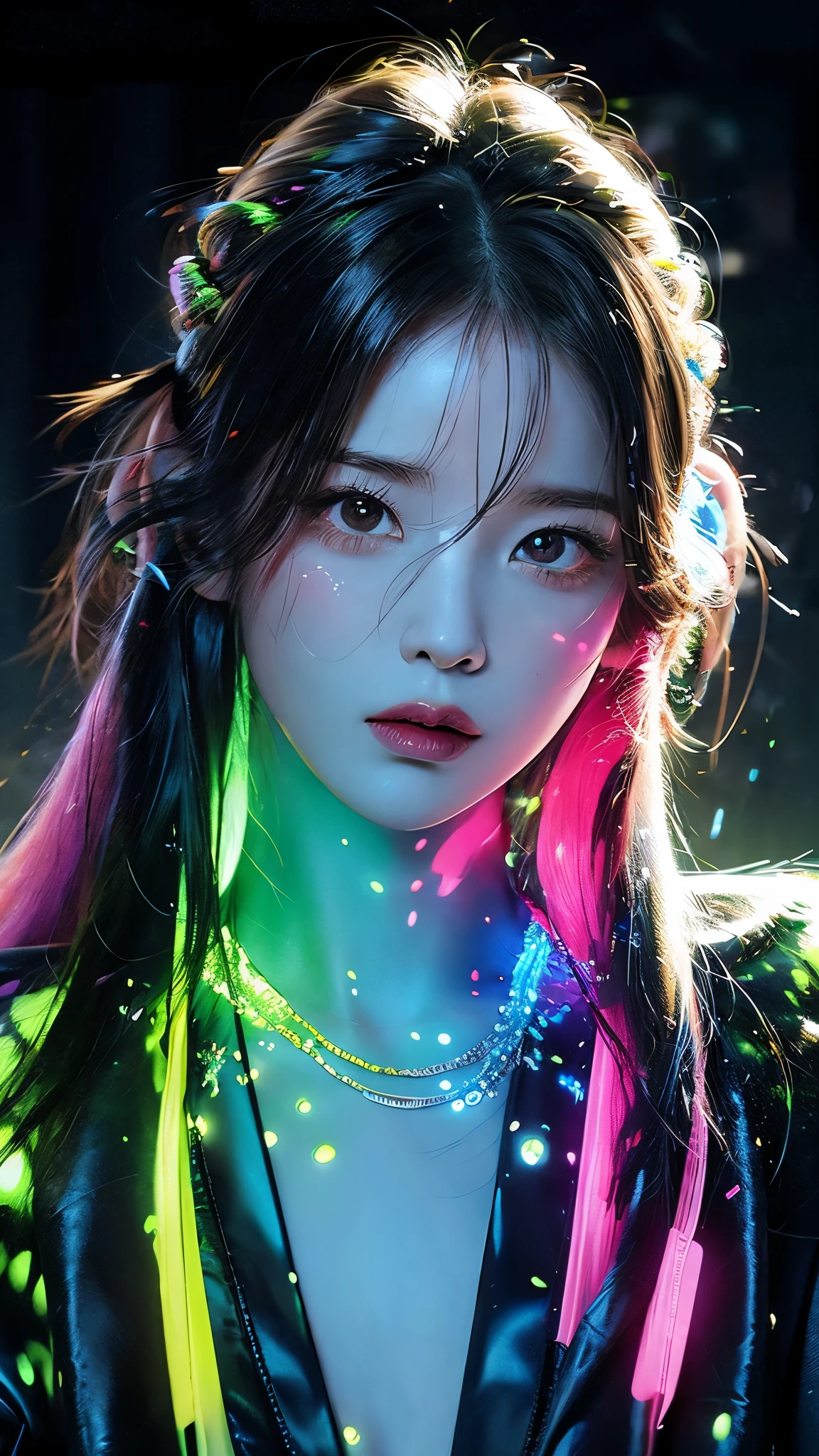 glow in the dark ，paint splatter，Captivating psychedelic surreal neon amazing universe beautiful gorgeous women in a bright colorful neon light，Mark Ryden、Daniel Merriam、Bright neon colors in the style of Frank Frazetta and Boris Vallejo, 、fashion clothes，[sandal，Very realistic, Triple,  fancy, beautiful, Detail, 복잡한 Detail, Very detailed, Oil painting, complex colors, Jennie Kim,