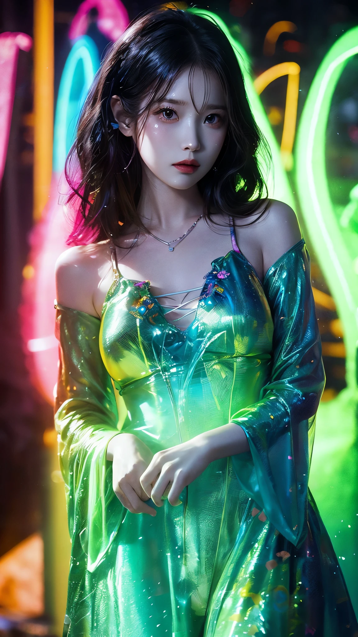 glow in the dark ，paint splatter，Captivating psychedelic surreal neon amazing universe beautiful gorgeous women in a bright colorful neon light，Mark Ryden、Daniel Merriam、Bright neon colors in the style of Frank Frazetta and Boris Vallejo, 、fashion clothes，[sandal，Very realistic, Triple,  fancy, beautiful, Detail, 복잡한 Detail, Very detailed, Oil painting, complex colors, Jennie Kim,