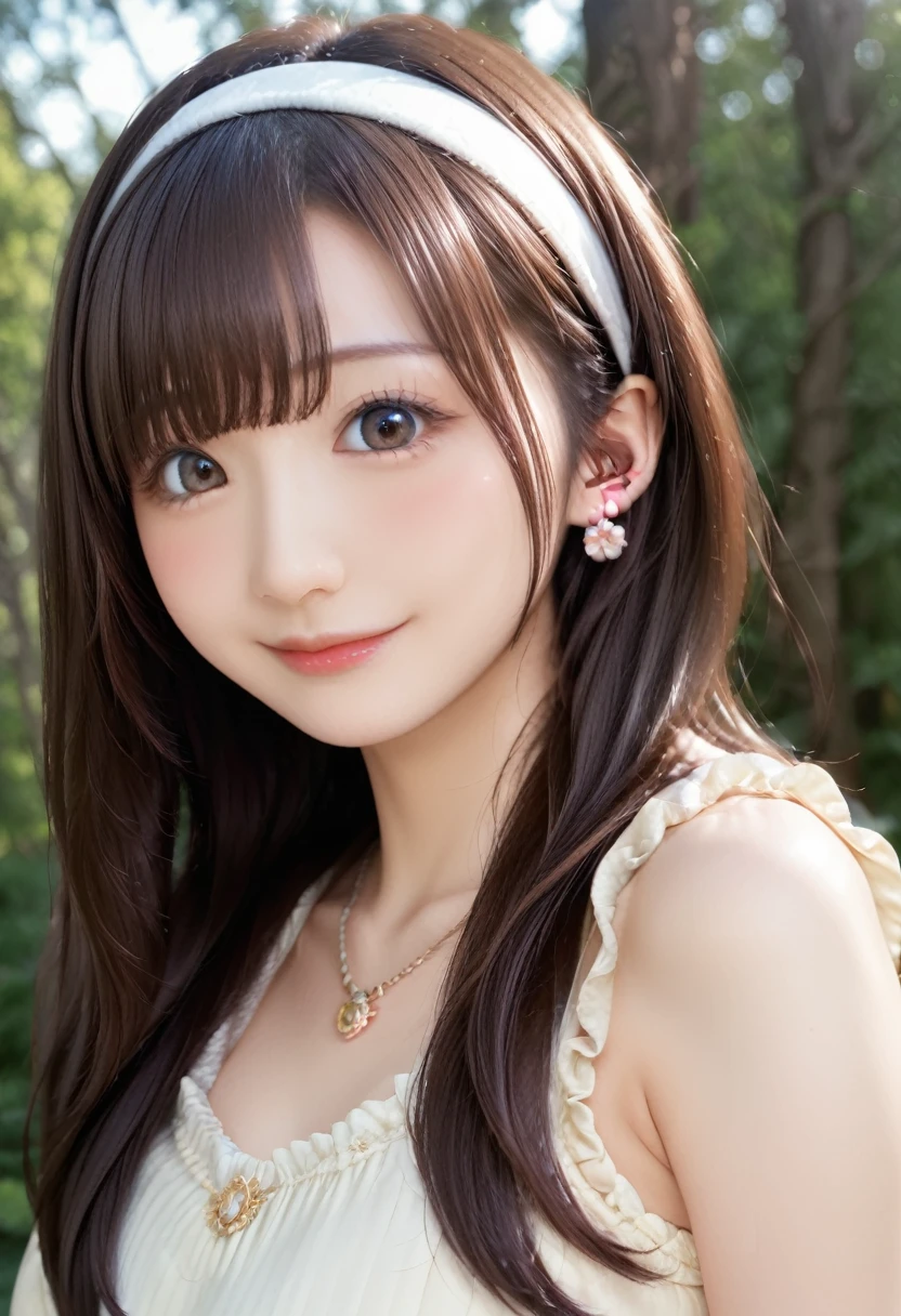 high resolution, best quality, extremely detailed CG, perfect anatomy, perfect hands, high resolution, best quality, extremely detailed CG, perfect anatomy, perfect hands, 1girl, solo, long hair, brown hair, looking at viewer, brown eyes, smile, blush, bangs, closed mouth, face, 20 years old, Japanese, dress, forest, 3d, photorealistic, realistic, portrait, photo \(medium\), ((detailed shapely nose, detailed big eyes, detailed brown hair)), lips, headband, earrings, necklace, 